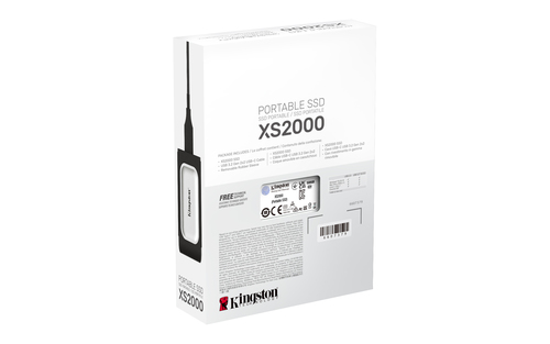 Kingston XS2000 500GB portable SSD showing slim metal body and black silver finish