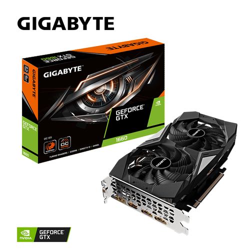 Gigabyte GeForce GTX 1660 OC 6G GPU shown with packaging and NVIDIA badge