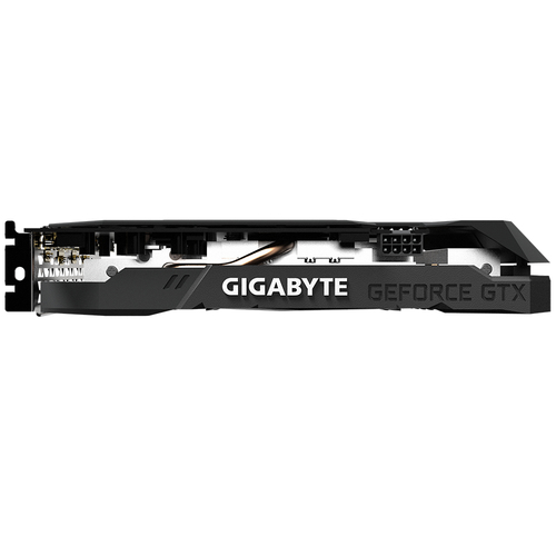 Gigabyte GTX 1660 OC 6G graphics card side profile showing power connector and branding