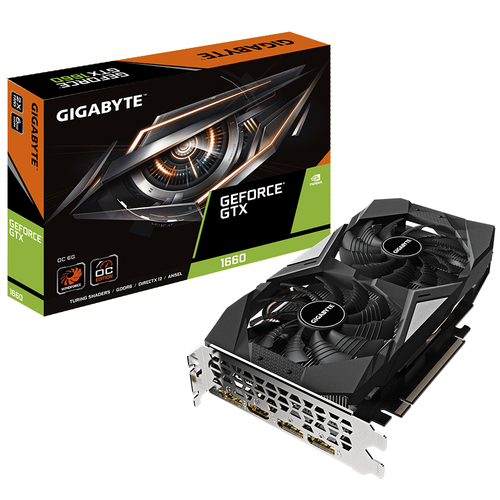 Gigabyte GTX 1660 OC 6G graphics card with retail box and dual-fan cooler