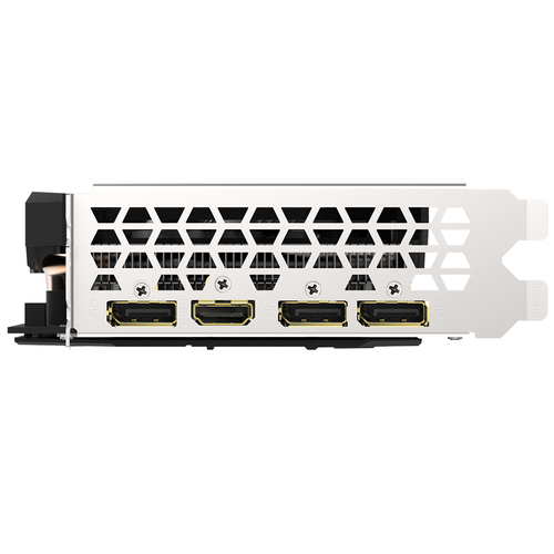 Gigabyte GTX 1660 OC 6G rear I/O panel with four display ports and white shroud