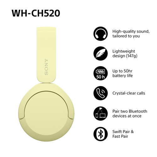 Sony (WHCH520Y.CE7), Wireless, 20 - 20000 Hz, Headset/Headphones, Yellow