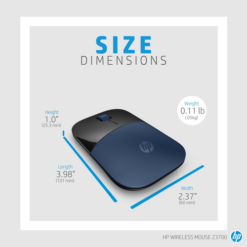 HP Z3700 Blue Wireless Mouse, Ambidextrous, Optical, 1200 DPI, Black