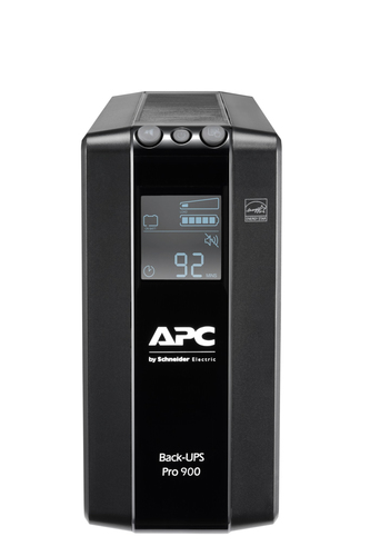 APC Back-UPS PRO BR900MI tower showing 6 C13 outlets and LCD display