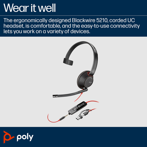 POLY Blackwire 5210 Monaural 3.5mm Plug +USB-C/A Adapter, Wired, Headset/Headphones, Black