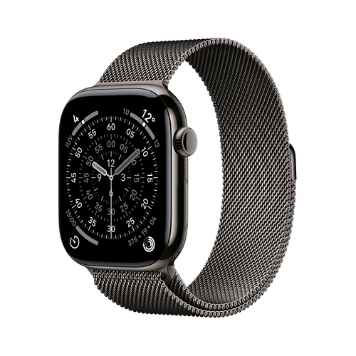 Side profile of Apple Smartwatch Series 11 slate titanium case highlighting slim design and Milanese loop strap