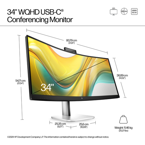 HP Series 5 Pro 34 inch WQHD USB-C Conferencing Monitor, 3440 x 1440 pixels, LCD