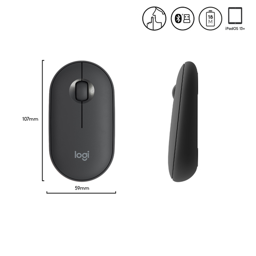 Logitech Pebble M350, Ambidextrous, Optical, RF Wireless + Bluetooth, Mouse