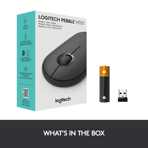 Logitech Pebble M350, Ambidextrous, Optical, RF Wireless + Bluetooth, Mouse