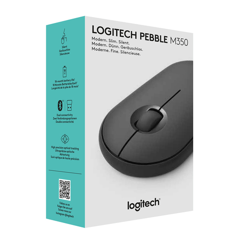 Logitech Pebble M350, Ambidextrous, Optical, RF Wireless + Bluetooth, Mouse