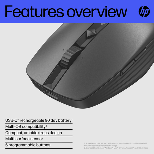 HP 715 Rechargeable Multi-Device Mouse, Ambidextrous, 3000 DPI
