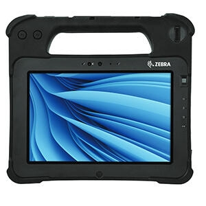 Zebra XPAD L10 black rugged tablet with rigid handle and built-in barcode reader.
