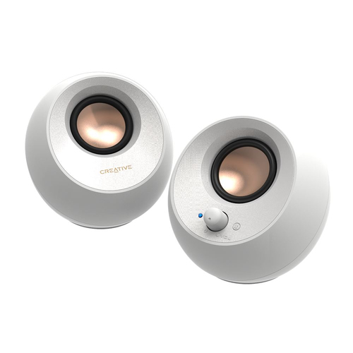 Creative Pebble V3 white speakers angled tabletop setup with USB-C connection