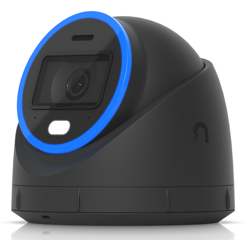 Close-up of Ubiquiti AI Turret 4K IP camera lens and IR LEDs