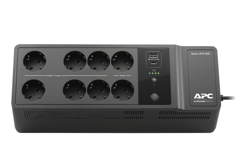 Close-up of APC Back-UPS battery and surge protected outlets