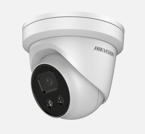 Hikvision DS-2CD2386G2-IU wired IP security camera mounted on outdoor ceiling with night vision