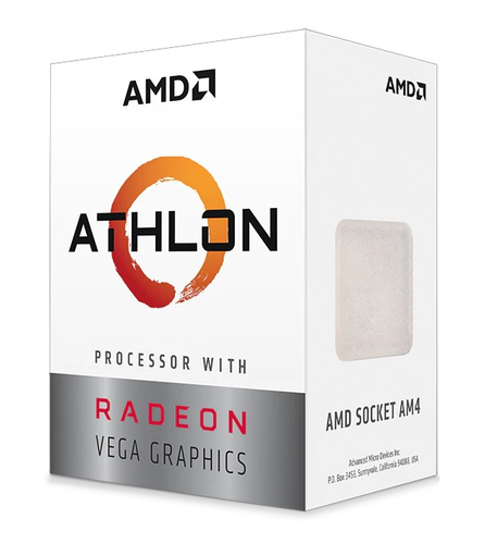 AMD Athlon 3000G AM4 CPU front view with integrated Radeon Vega 3 graphics