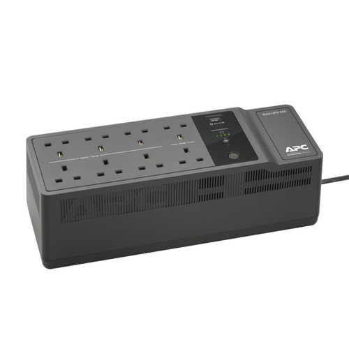 APC Back-UPS 650VA 400W UPS rear panel showing 8 BS1363A outlets and USB charging port