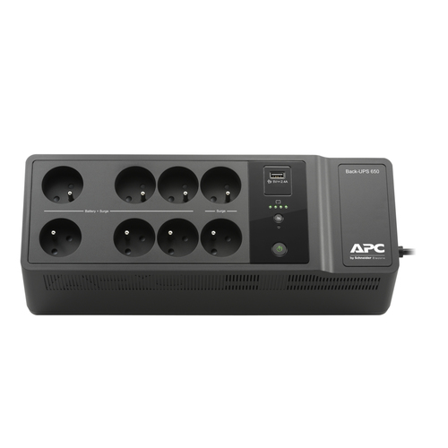 APC BE650G2-CP UPS front view showing LED indicators and compact design