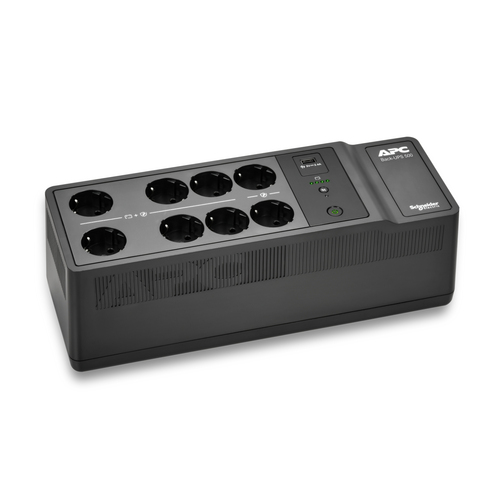 APC Back-UPS showing front panel with USB and power outlets