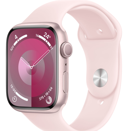 Apple Watch Series 9 GPS Pink case displaying watchOS 10 home screen