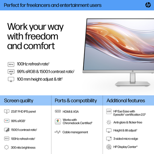 HP Series 5 23.8 inch FHD Height Adjust Monitor 1920 x 1080pixels Full HD Silver