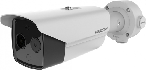 Hikvision DS-2TD2617B-6/PA thermographic bullet camera mounted on a white ceiling, showing temperature screening view
