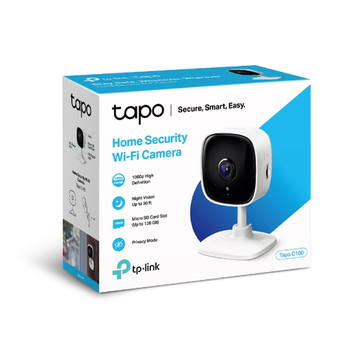 TP-Link Tapo C100 home security camera with two-way audio, motion alerts, and microSD storage