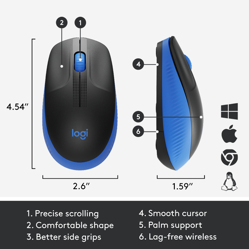 Logitech M190 Full-size wireless mouse, Ambidextrous, Optical, RF, 1000 DPI