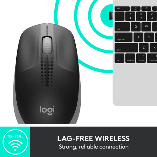 Logitech M190 ambidextrous mouse with vertical scroll wheel and three responsive buttons