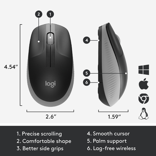 Logitech M190 wireless mouse with 2.4 GHz RF connection, compatible with multiple devices