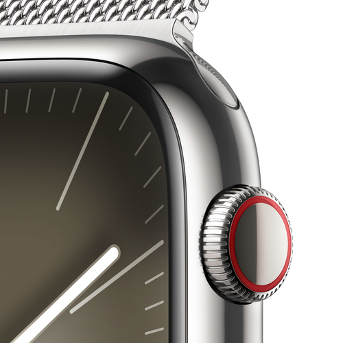 Side angle of Apple Watch Series 9 Silver case showing 64 GB storage and sleek design