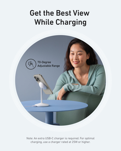 Anker MagGo A25X1H21 white wireless charger image with phone attached