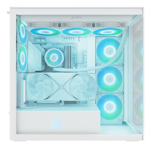 ARCTIC Xtender VG white midi tower PC case side view highlighting tempered glass panels and RGB lighting