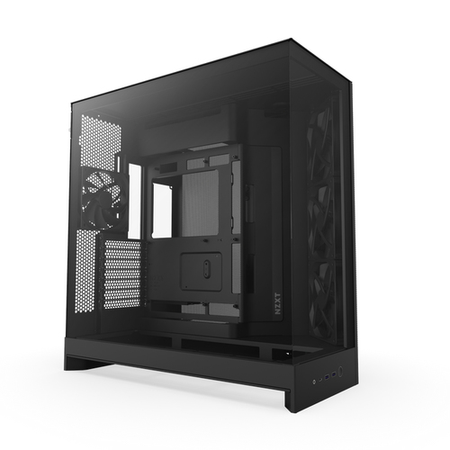 NZXT H9 Flow black gaming PC tower with mesh front and tempered glass panels, showing full interior view
