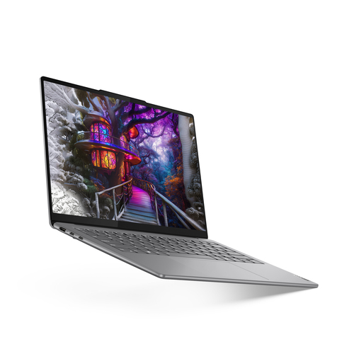 Lenovo Yoga Slim 7 laptop side view, sleek build with Intel Core Ultra 7 processor