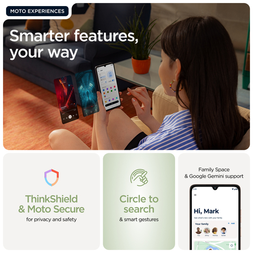 moto g06 displaying ThinkShield, Circle to search, and Family Space features