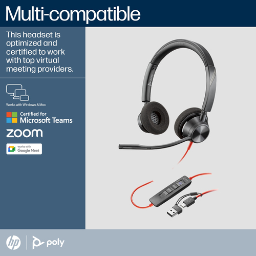 POLY Blackwire 3320 Stereo USB-C/A Adapter, Wired, 20 - 20000 Hz, Headset/Headphones, Black