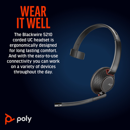 POLY Blackwire 5210 (8X230A6) Monaural 3.5mm+USB-C/A, Wired, Headset/Headphones