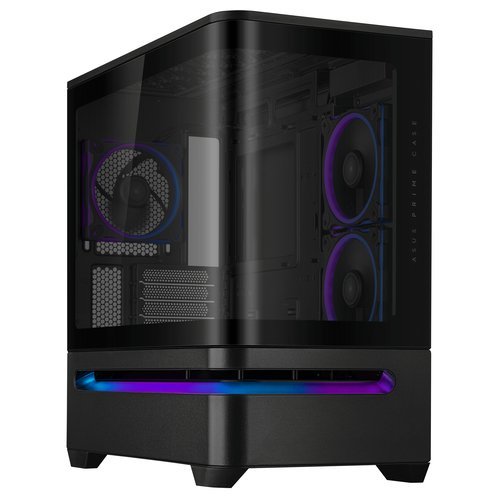 ASUS Prime AP202 ARGB black midi tower showing curved tempered glass front and side