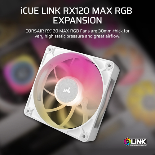 Corsair iCUE LINK RX120 MAX RGB, Fan, 12 cm, 400 RPM, 2000 RPM, White