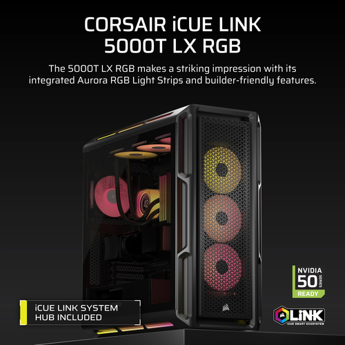 Corsair iCUE LINK 5000T LX RGB, Plastic, Steel, Tempered glass, Midi Tower Case