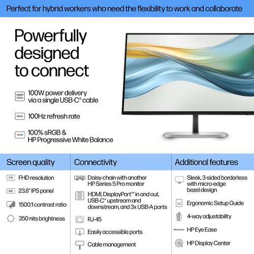 HP Series 5 Pro 23.8 inch FHD USB-C Monitor, 1920 x 1080 pixels, Full HD, LCD
