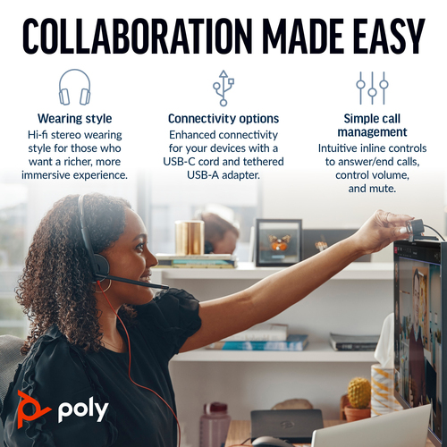POLY (8X2J9A6) Blackwire 3220 Stereo USB-C/A Adapter, Wired, Headset/Headphones, Black