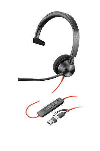 POLY Blackwire 3310 Monaural USB-C/A Adapter, Wired, Headset/Headphones, Black