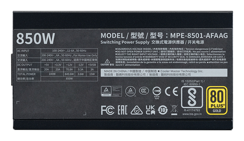 Cooler Master MWE Gold 850 V2, 850W, 100 - 240V, 50/60 Hz, 6 - 12 A, ATX, PSU