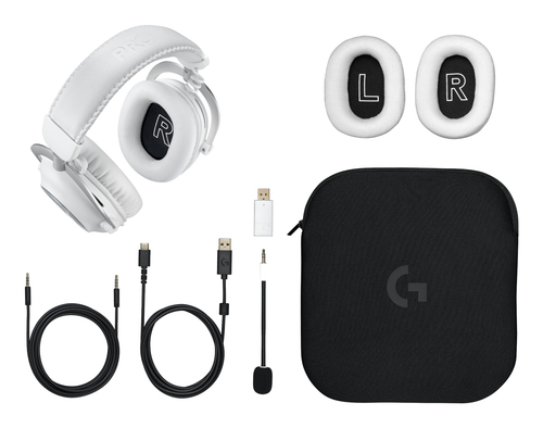 White Logitech G headset showing detachable boom microphone