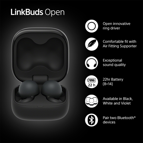 Sony LinkBuds Open (WFL910B), Wireless,  20 - 20000 Hz, Headset/Earbuds, Black