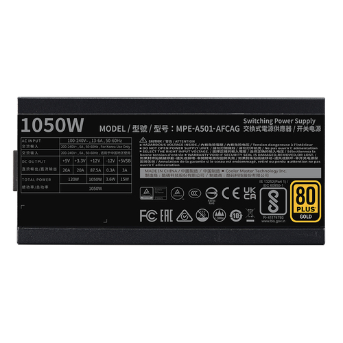 Cooler Master MWE Gold 1050 V2, ATX, 1050W, 100 - 240 V, 50/60 Hz, 13 - 6 A, PSU