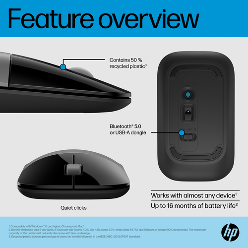 HP Z3700 Dual Silver Mouse, Ambidextrous, RF Wireless + Bluetooth